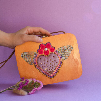 Spisidda Design - Borsa Touch My Heart - Borsa di legno artigianale fatta e ricamata a mano - 5